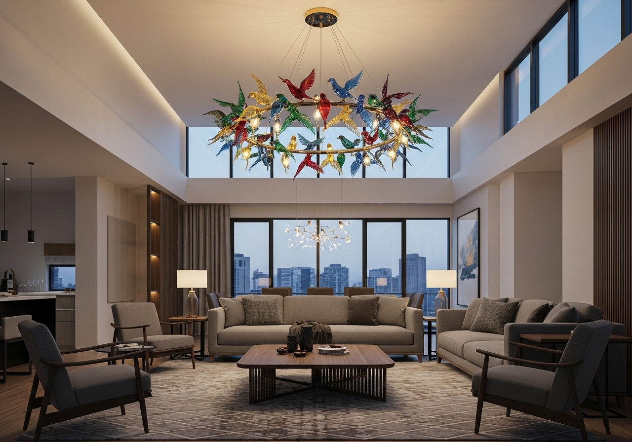 لوستر فانتزی مدل پرنده با شیشه‌های رنگی در دکوراسیون مدرن